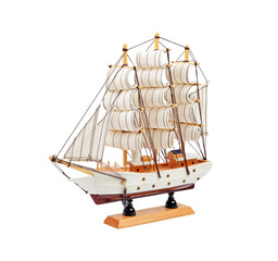 Wooden ship toy model, isolated on white background