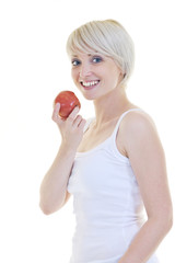 happy  young  woman eat green apple isolated  on white