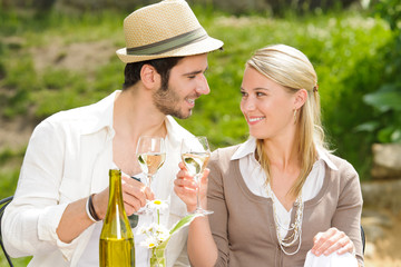 Restaurant terrace elegant couple celebrate sunny day