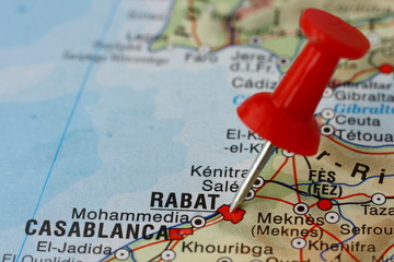 Pushpin on the map - Rabat, Morocco