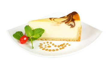 Gourmet slice of cheesecake on the white background