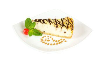 Gourmet slice of cheesecake on the white background