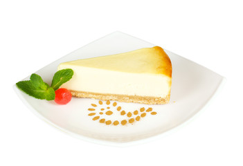 Gourmet slice of cheesecake on the white background