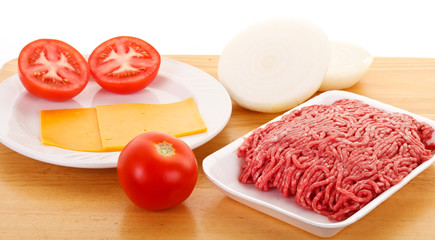 Cheeseburger Ingredients on a Wood Tray