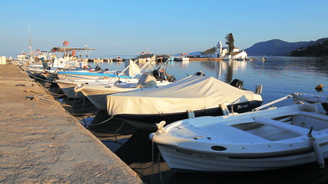 Boats near Vlacherna monastery, Kanoni, Corfu, Greece