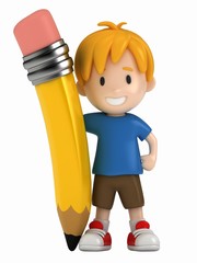 3D Render of Little Boy and Big Pencil