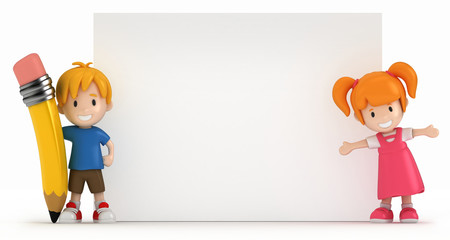 3D Render of Little Boy and Girl with Blank Board
