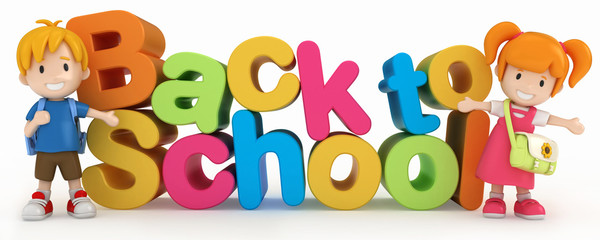3D Render of Kids and Back to School Word