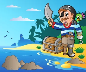 Abwaschbare Fototapete Piraten Küste mit jungem Cartoon-Piraten 2
