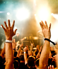 concert crowd in front of bright stage lights, rising arms