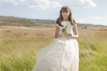 Fototapeta na wymiar girl wearing first communion dress in the meadow