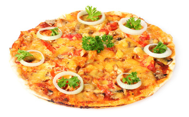 tasty pizza with vegetables and meat isolated on white