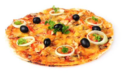 tasty pizza with vegetables and meat isolated on white