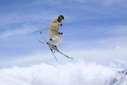 flying skier on mountains