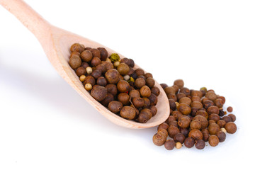 spice pepper in wooden spoon isolated on white