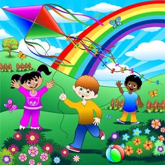 Cercles muraux Arc en ciel Les enfants jouent avec Kite-Children avec fond de cerf-volant