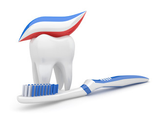 Tooth and toothbrush. 3d - obrazy, fototapety, plakaty
