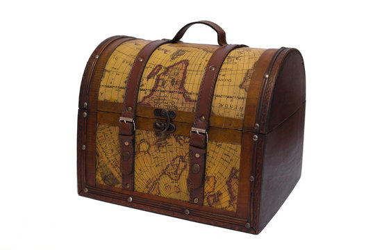 Leather chest with an image map of the world