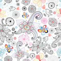 Flower texture with birds and hearts