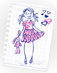 Hand-drawn fashion smile girl with toy on a pink dress