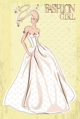 Vector elegant bride, hairdress and dress decorated with flowers