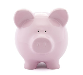 Front view of pink piggy bank with clipping path