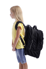 back to school. girl with big backpack