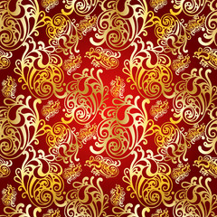 vector seamless golden floral pattern on red background