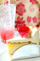 Strawberry cake with  cold drink