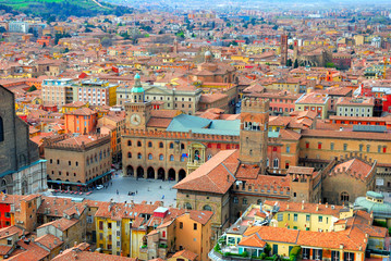 Italy, Bologna main square aerial view from Asinelli tower