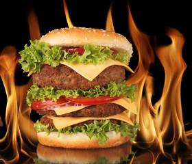 Delicious hamburger with fire on background