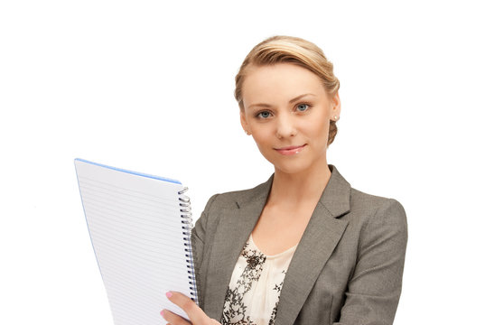 calm woman with big notepad