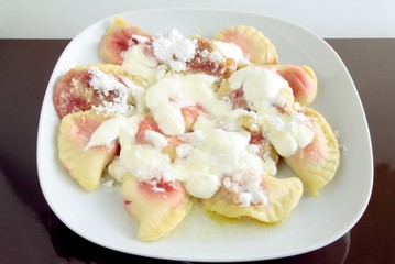 ravioli with strawberries as summer seasonal dinner or lunch