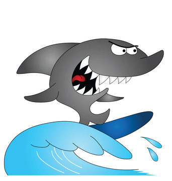Cartoon shark surfing isolated on white background