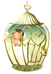 Cercles muraux Oiseaux en cages fille debout dans une cage et tenant une fleur