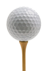 Closeup of golf ball sitting on tee isolated on white