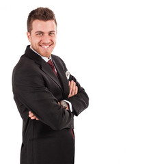 Friendly businessman portrait, isolated on white