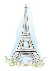 Vector drawing color Eiffel Tower in Paris, France