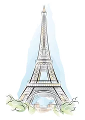 Papier Peint photo Lavable Illustration Paris Couleur de dessin vectoriel Tour Eiffel à Paris, France