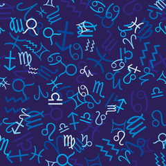 Blue seamless pattern with zodiac icons, vector