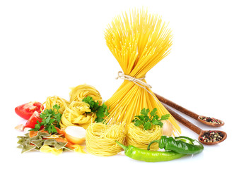 tasty vermicelli, spaghetti and vegetables isolated on white
