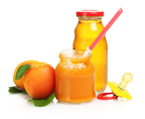 baby food, juice and fruits isolated on white