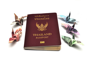 Thailand passport with bird banknotes