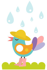 Happy cute bird with boots and hat in rain