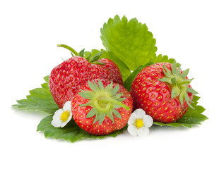 Three strawberry fruits with green leaves and flowers