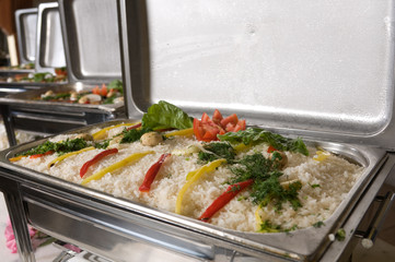Buffet style food in trays