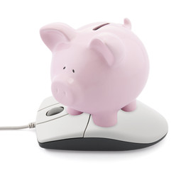 Online banking. Piggy bank and computer mouse