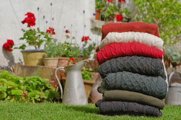 Irish sweaters in pretty Irish rural setting