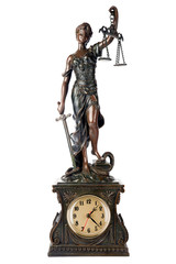 Godess of justice, holding balance and sword, on a table clock