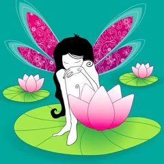 Foto auf Glas Schönes feenhaftes Mädchen, das Lotusblumen sitzt © Glyph